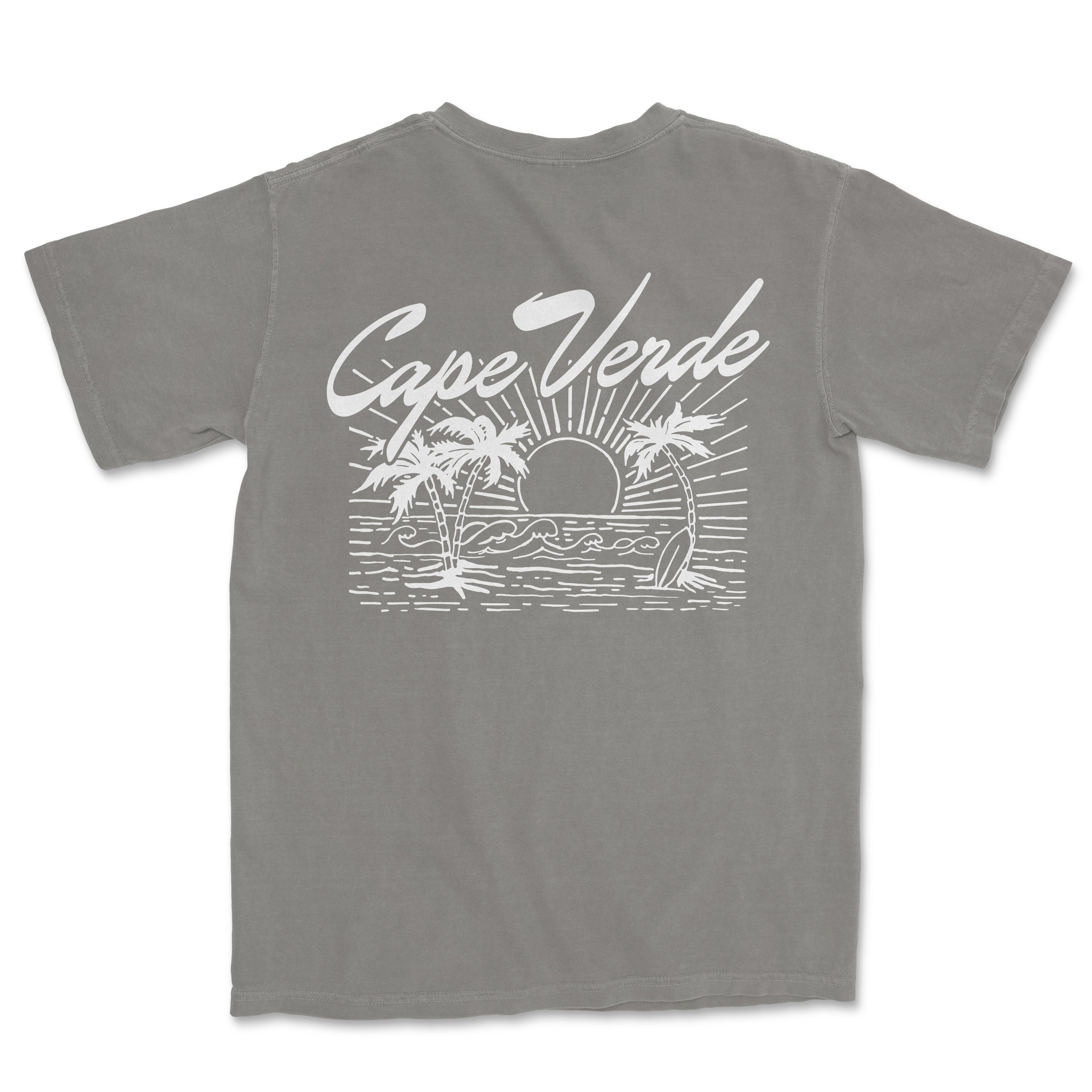 a grey t - shirt with a picture of a sunset and palm trees