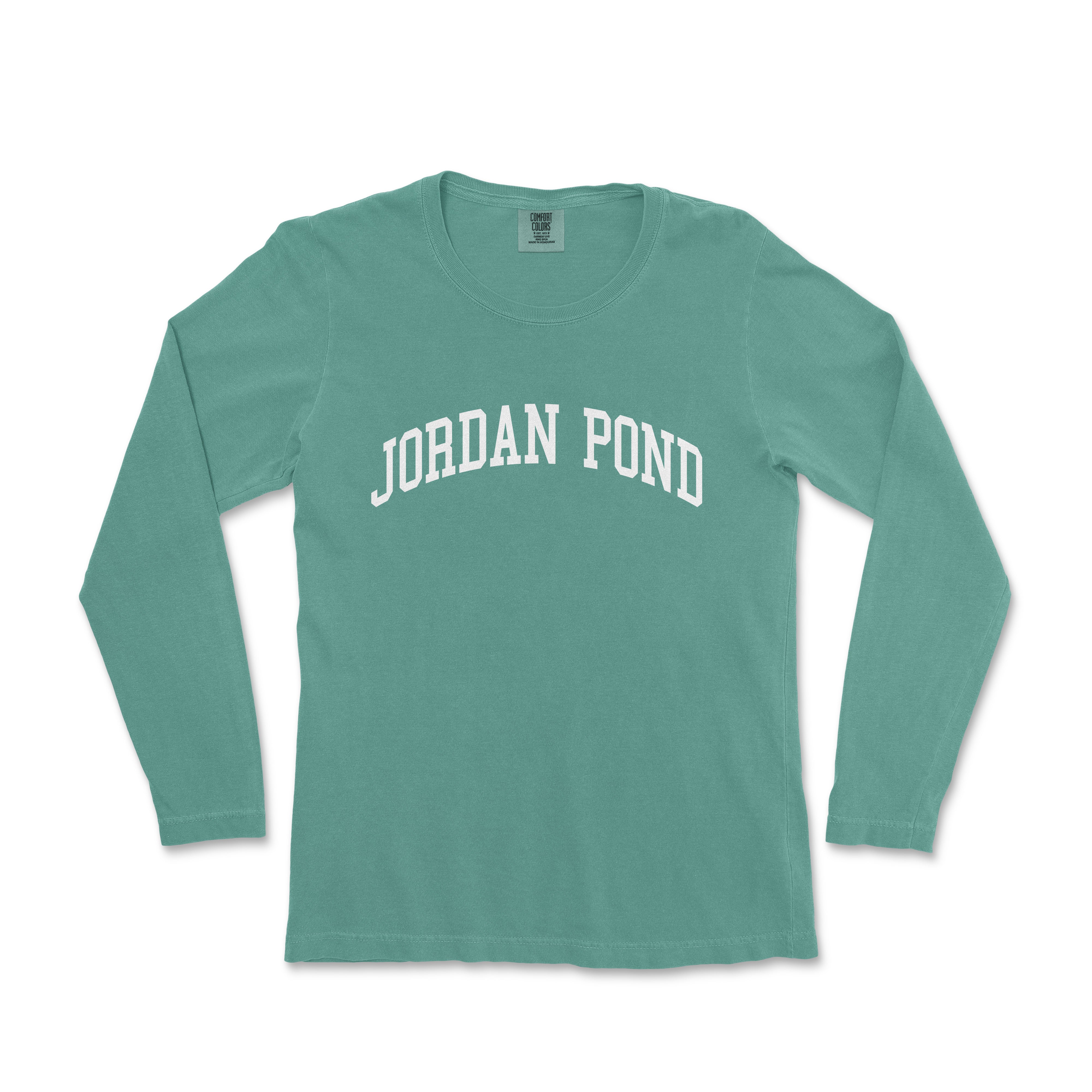 a green long sleeve shirt with the word jordan pond on it