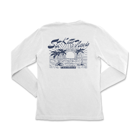 the back of a white long sleeved shirt with a palm tree and sun on