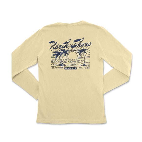 a women's long - sleeved shirt with a palm tree and the words