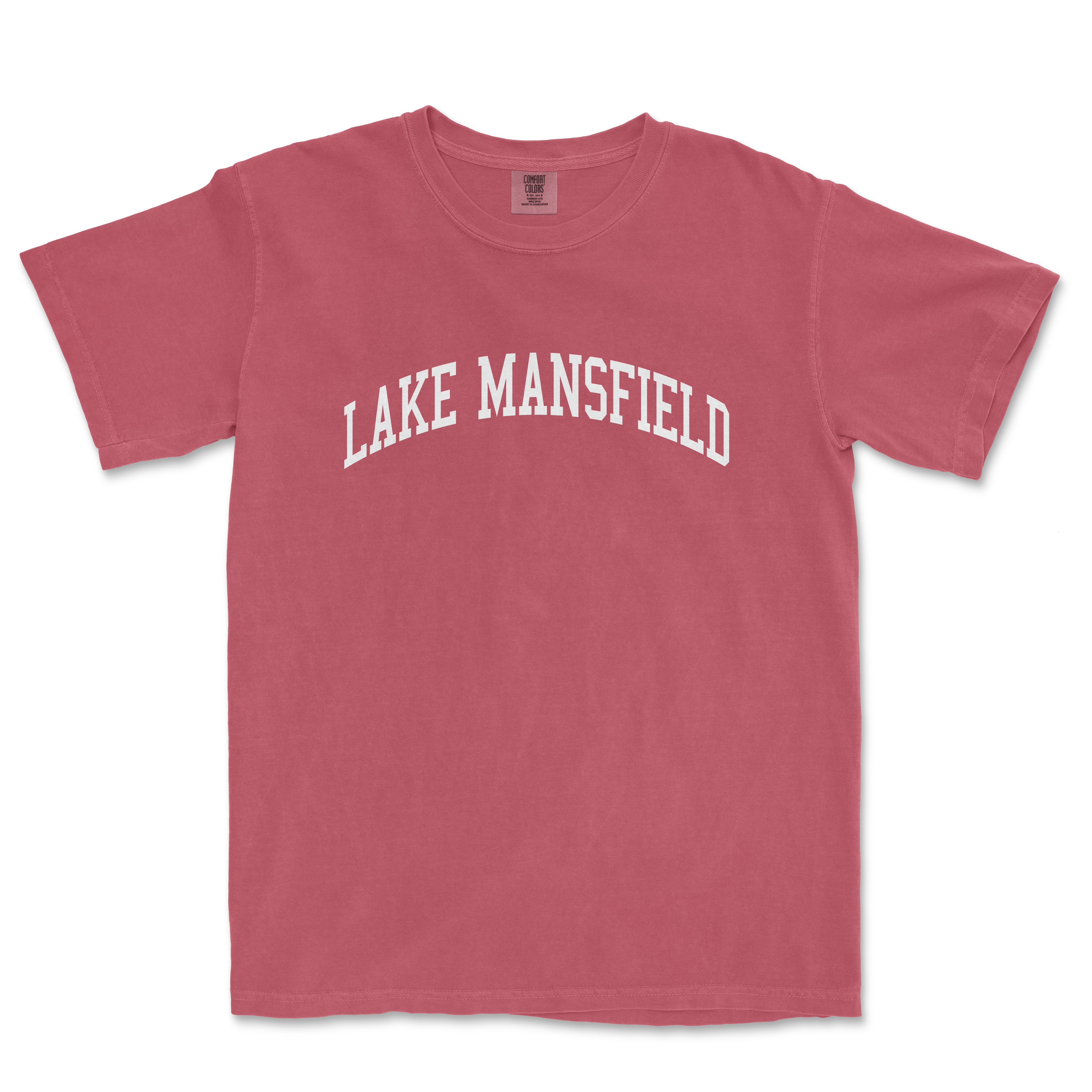 a red t - shirt with the words lake mansfield on it