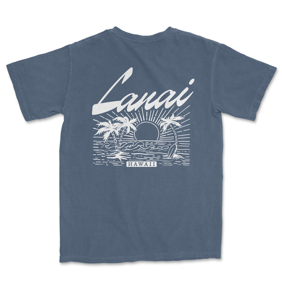 a blue t - shirt with a sunset and the words lanai on it