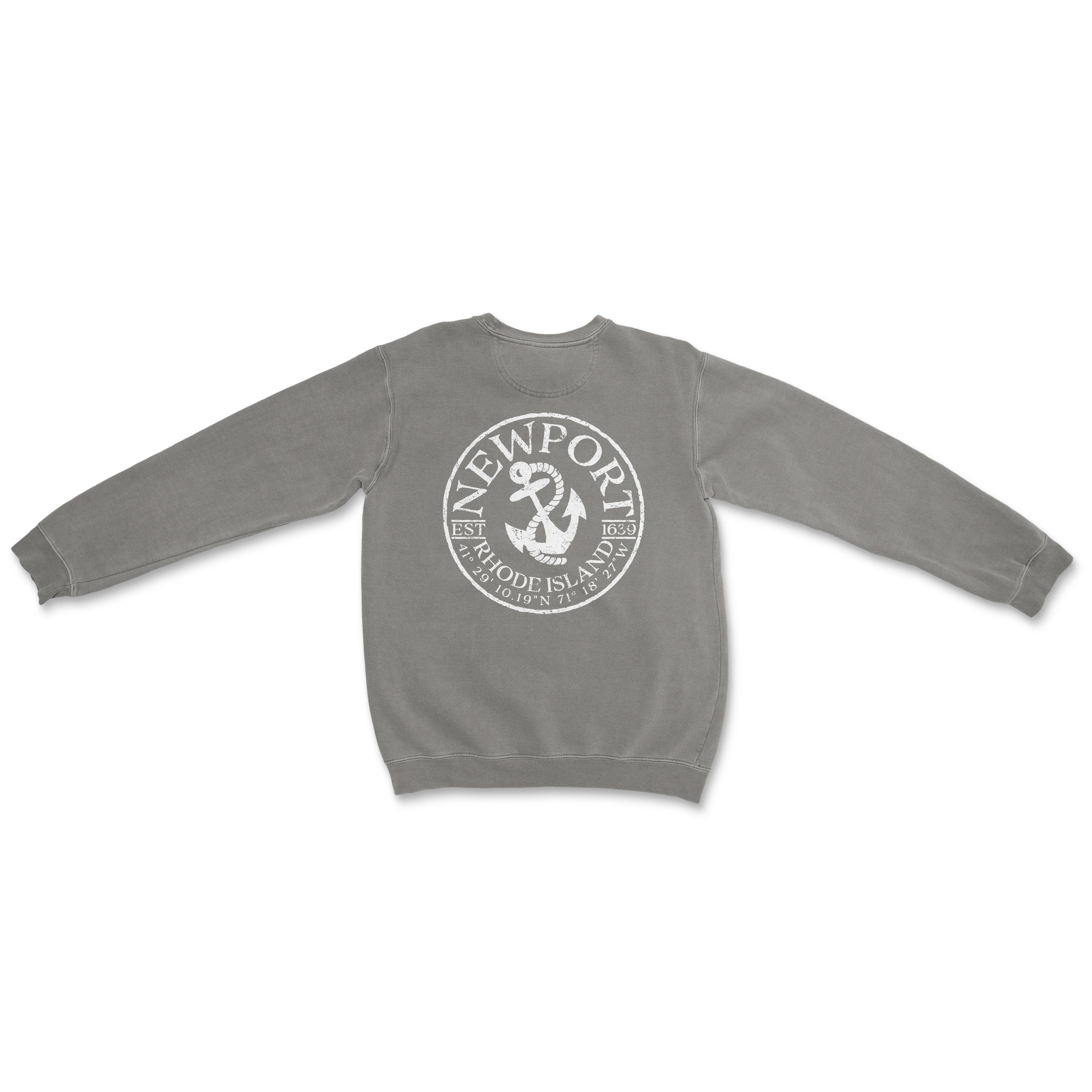 a grey sweatshirt with an anchor and a white circle on the front
