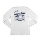 the back of a white long sleeve shirt with the words, cancuy on