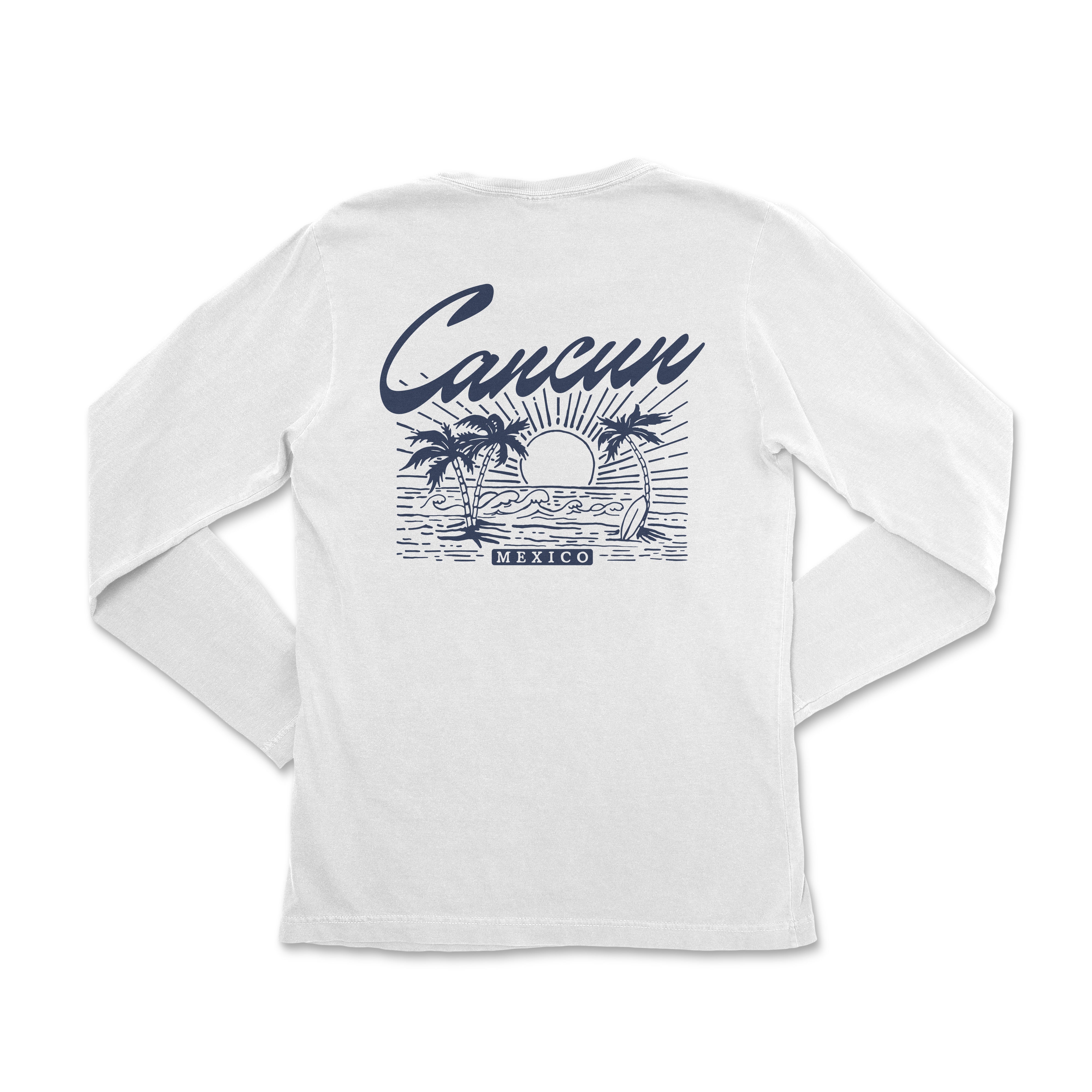 the back of a white long sleeve shirt with the words, cancuy on