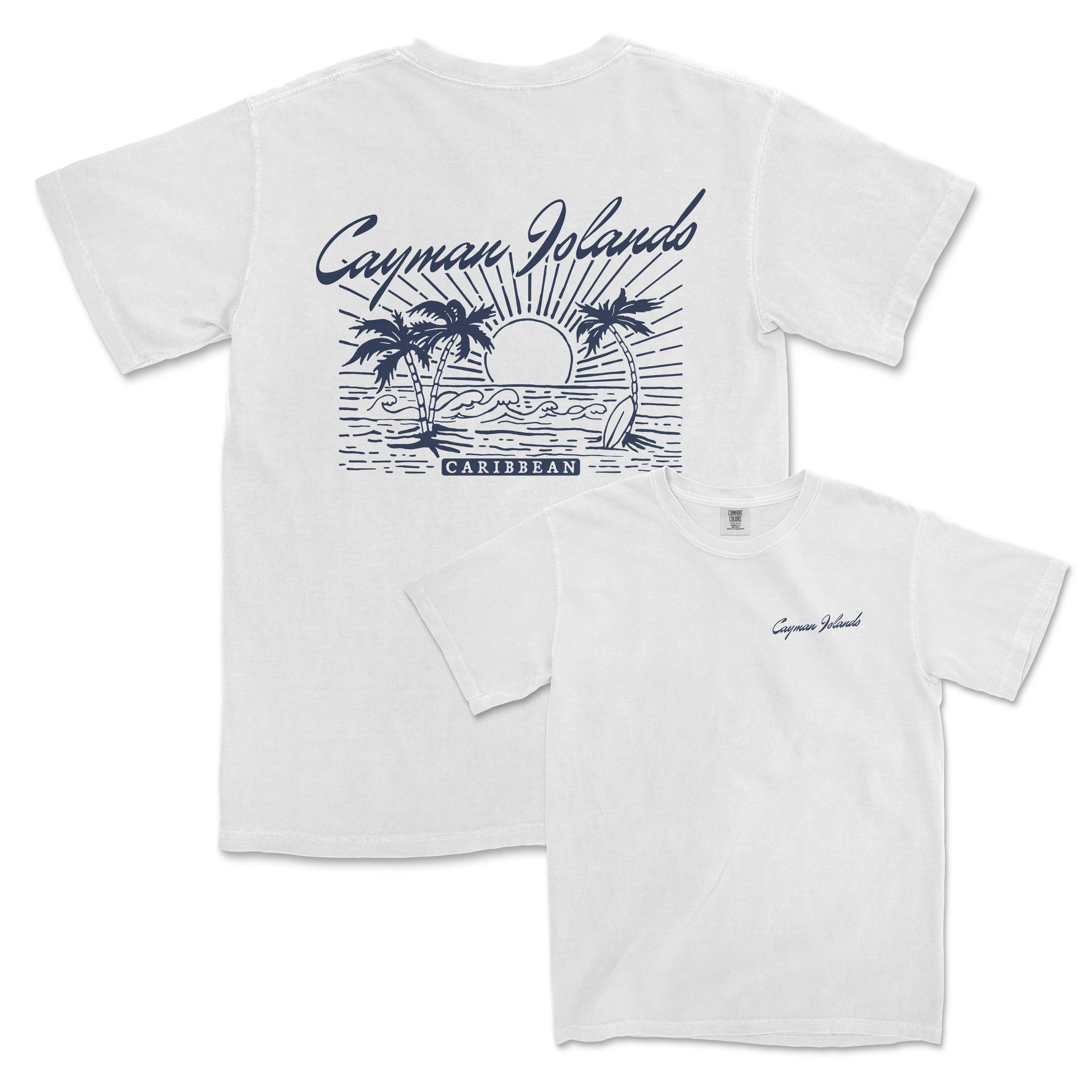 a white t - shirt with a sunset and palm trees on it