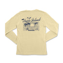 the back of a yellow long sleeve shirt with a sunset and palm trees on it