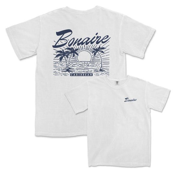 a white t - shirt with a blue and white design