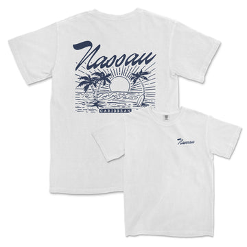 a white t - shirt with a blue and white design