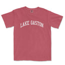a red t - shirt that says lake gaston
