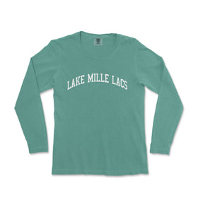 a women's long sleeve shirt with the words lake mile lacs in white