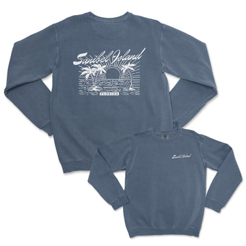 a blue sweatshirt with a palm tree on it