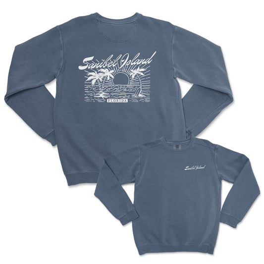 a blue sweatshirt with a palm tree on it