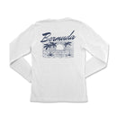 the back of a white long sleeve shirt with a picture of a sunset and palm