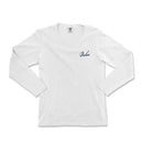 a white long - sleeved shirt with a blue embroidered logo