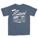 a blue t - shirt with a picture of a boat and palm trees