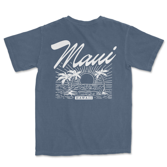 a blue t - shirt with a picture of a boat and palm trees