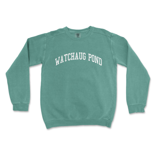 a green sweatshirt with the words watchaug pond printed on it