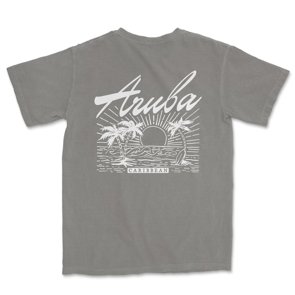 a gray t - shirt with the words aruba on it