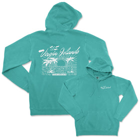 a green hoodie with a picture of a beach and palm trees