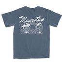 a blue t - shirt with a picture of a boat and palm trees