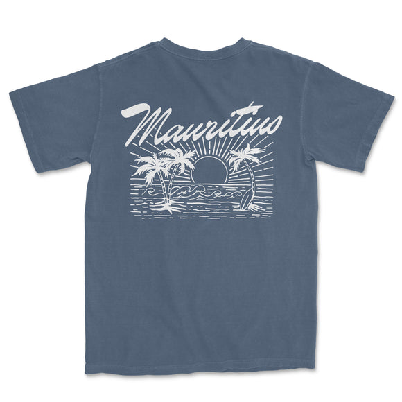 a blue t - shirt with a picture of a boat and palm trees