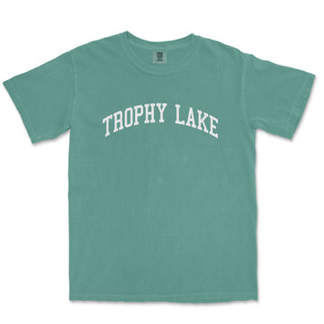 a green t - shirt with the word trophy lake printed on it