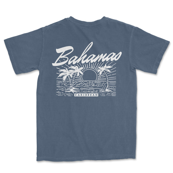 a blue t - shirt with the words,'banana'and a palm tree