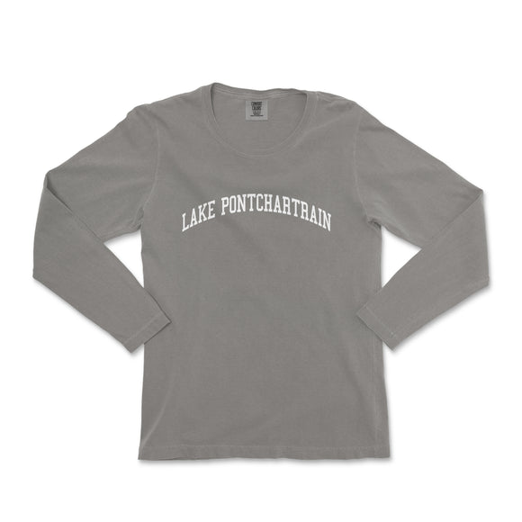 a gray long sleeve shirt with the words lake fountain on it