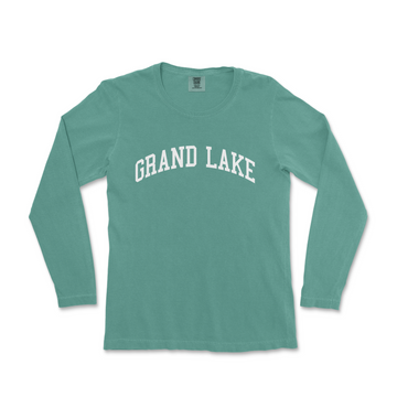 a green shirt with the words grand lake on it