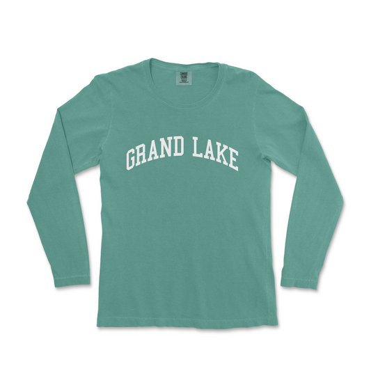 a green shirt with the words grand lake on it