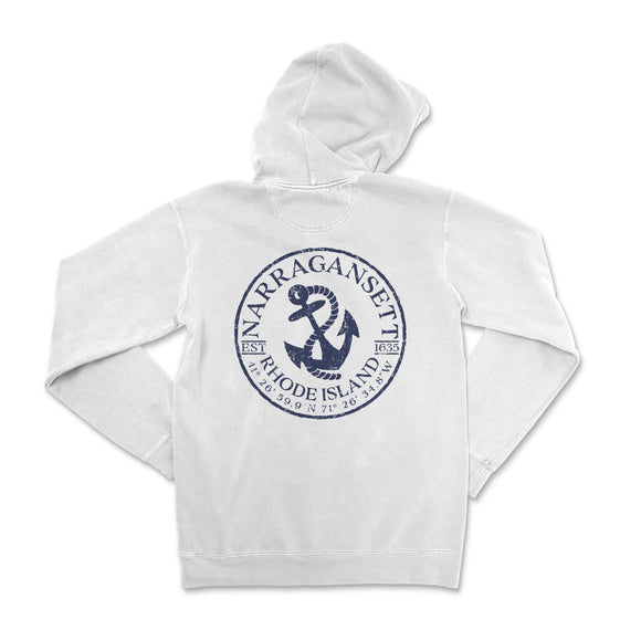 a white hoodie with an anchor on the front