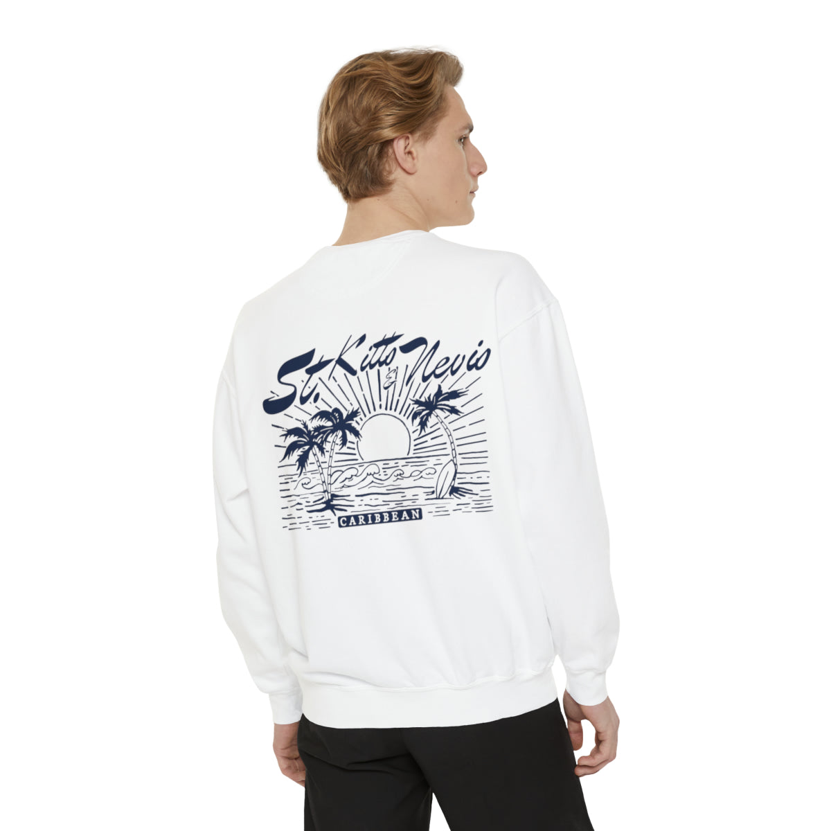 a man wearing a white sweatshirt with palm trees on it
