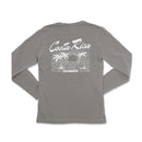 the back of a gray long - sleeved shirt with a picture of a sunset