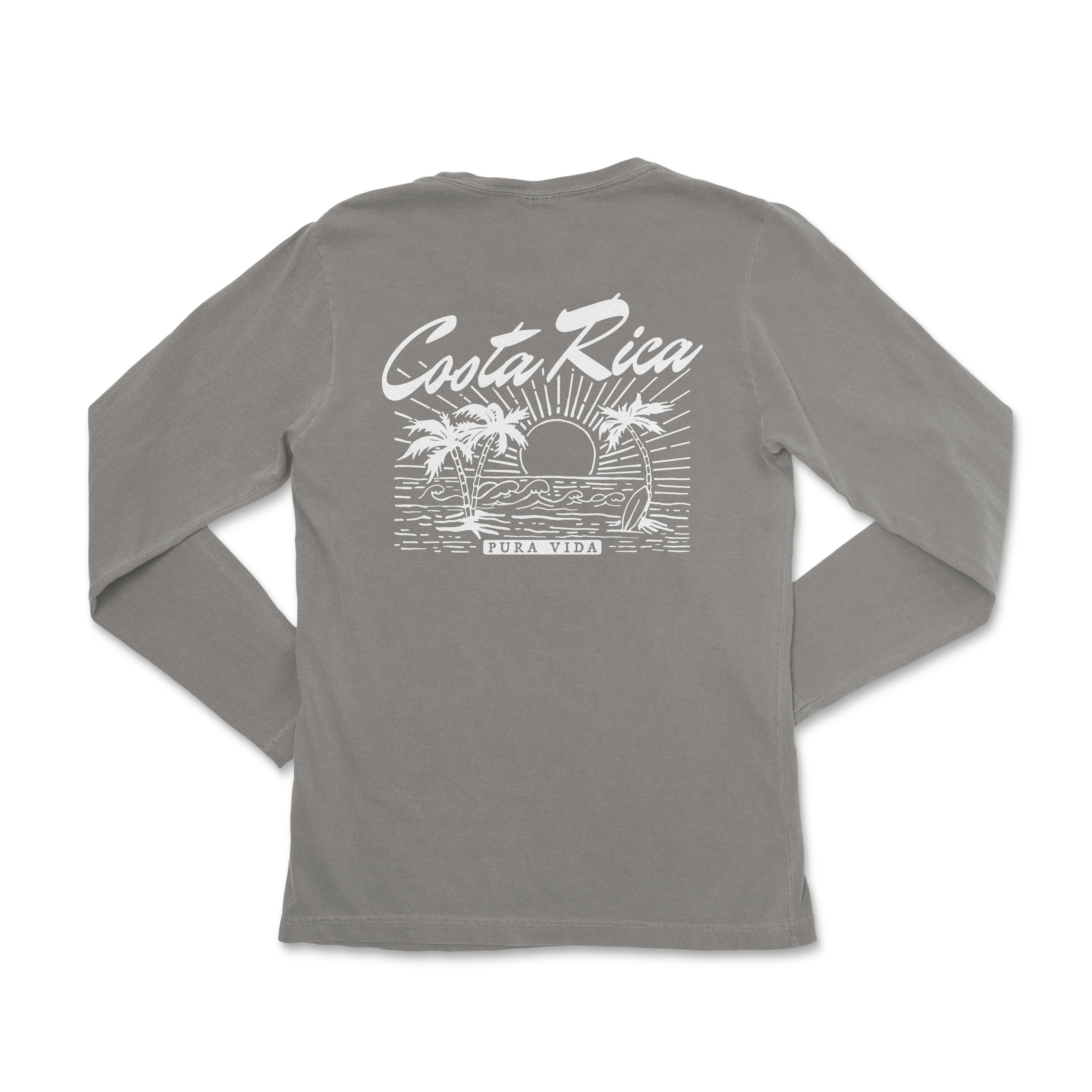 the back of a gray long - sleeved shirt with a picture of a sunset