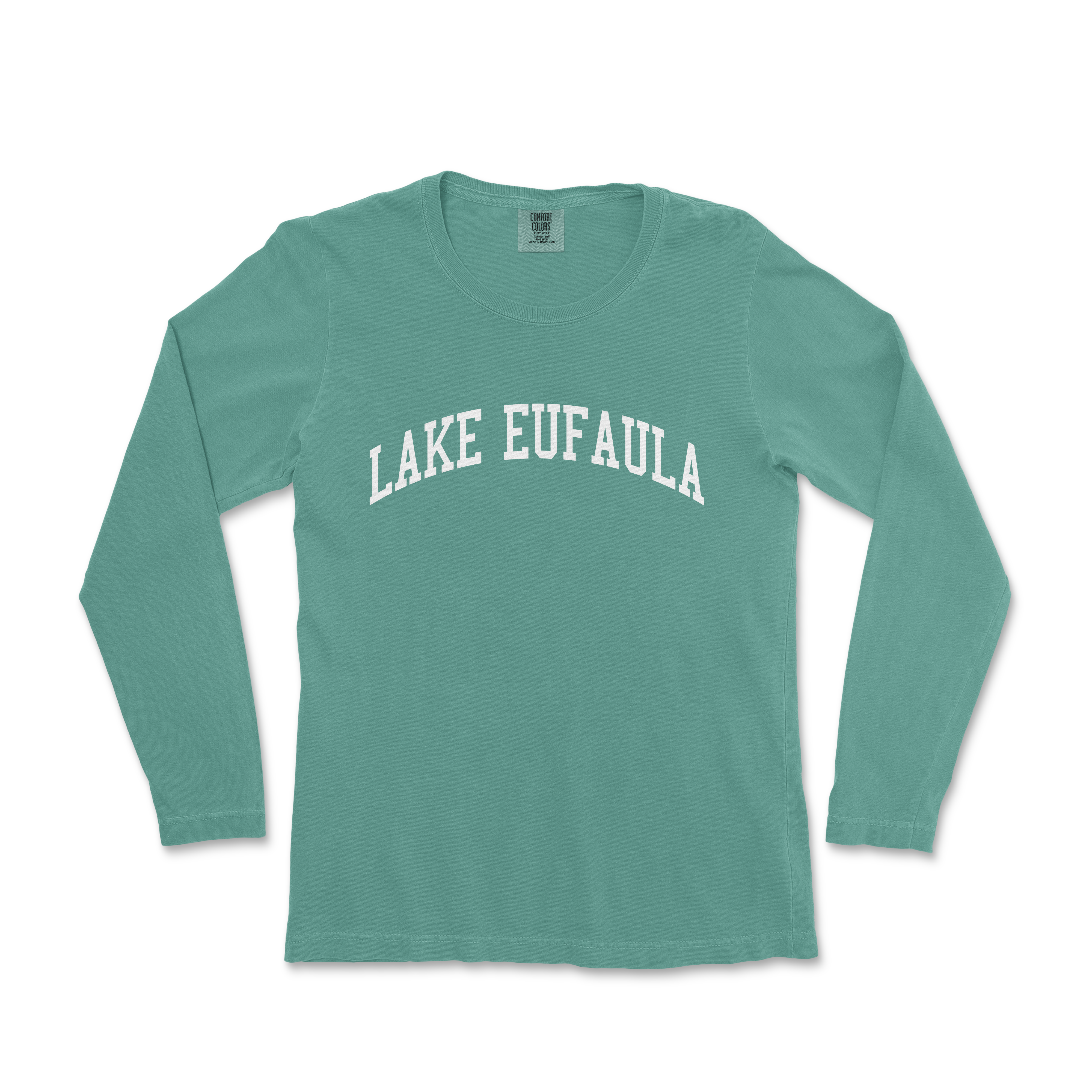 a green long sleeve shirt with the words lake eufaula on it