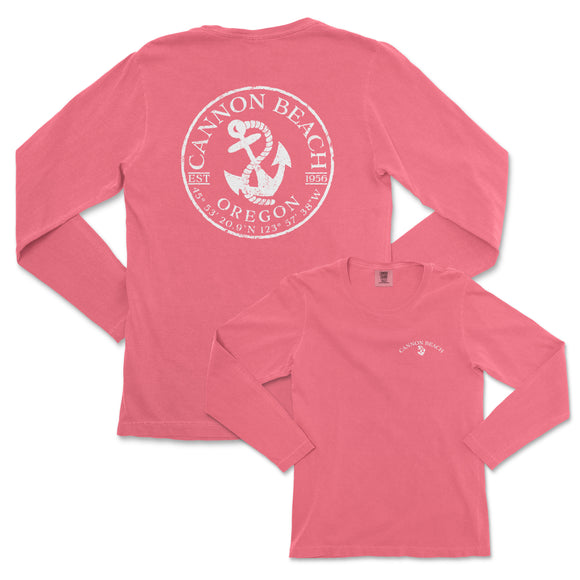 a women's pink long sleeve shirt with an anchor and the words cannon beach
