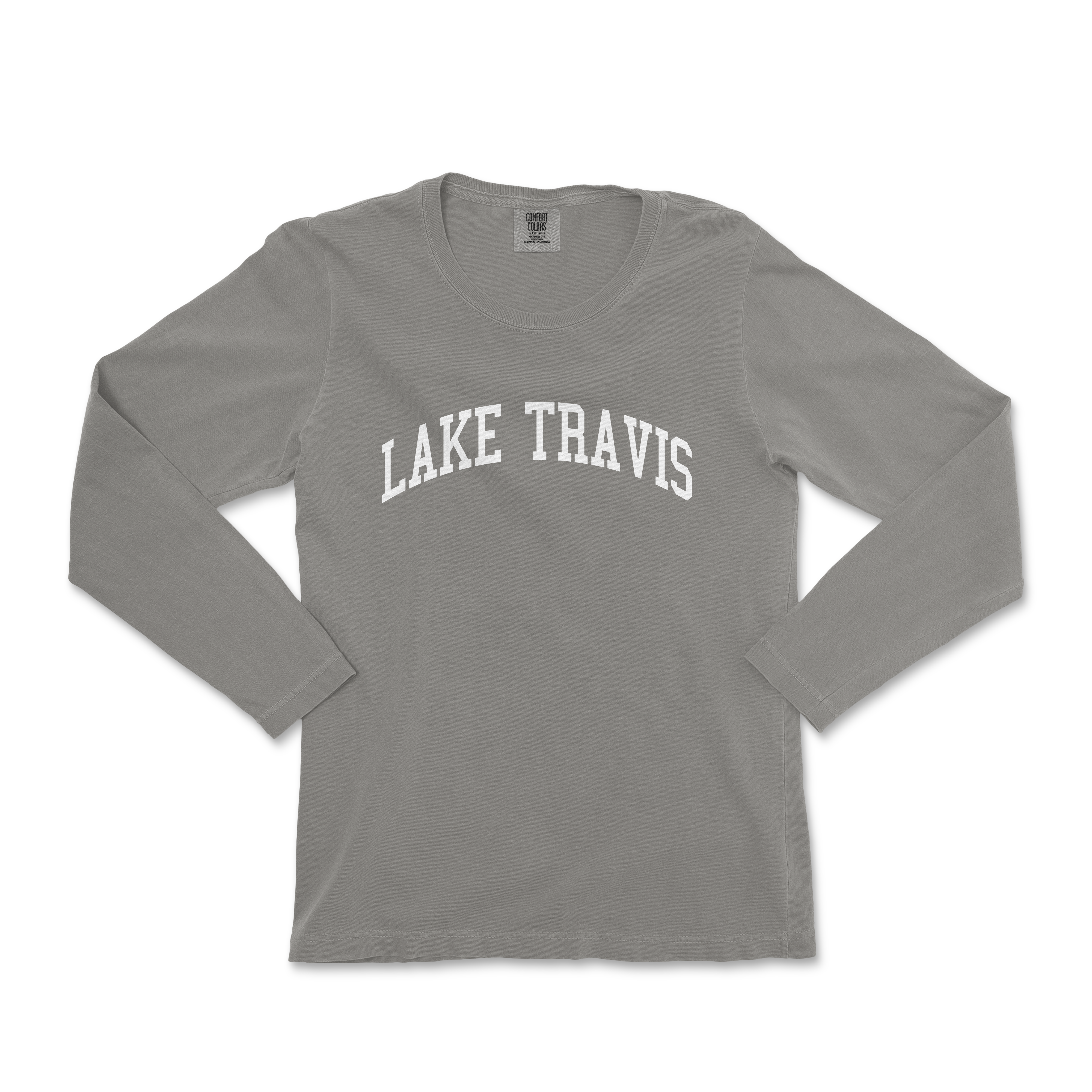 a gray long sleeve shirt with the words lake travis on it