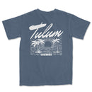 a blue t - shirt with a surfboard and palm trees