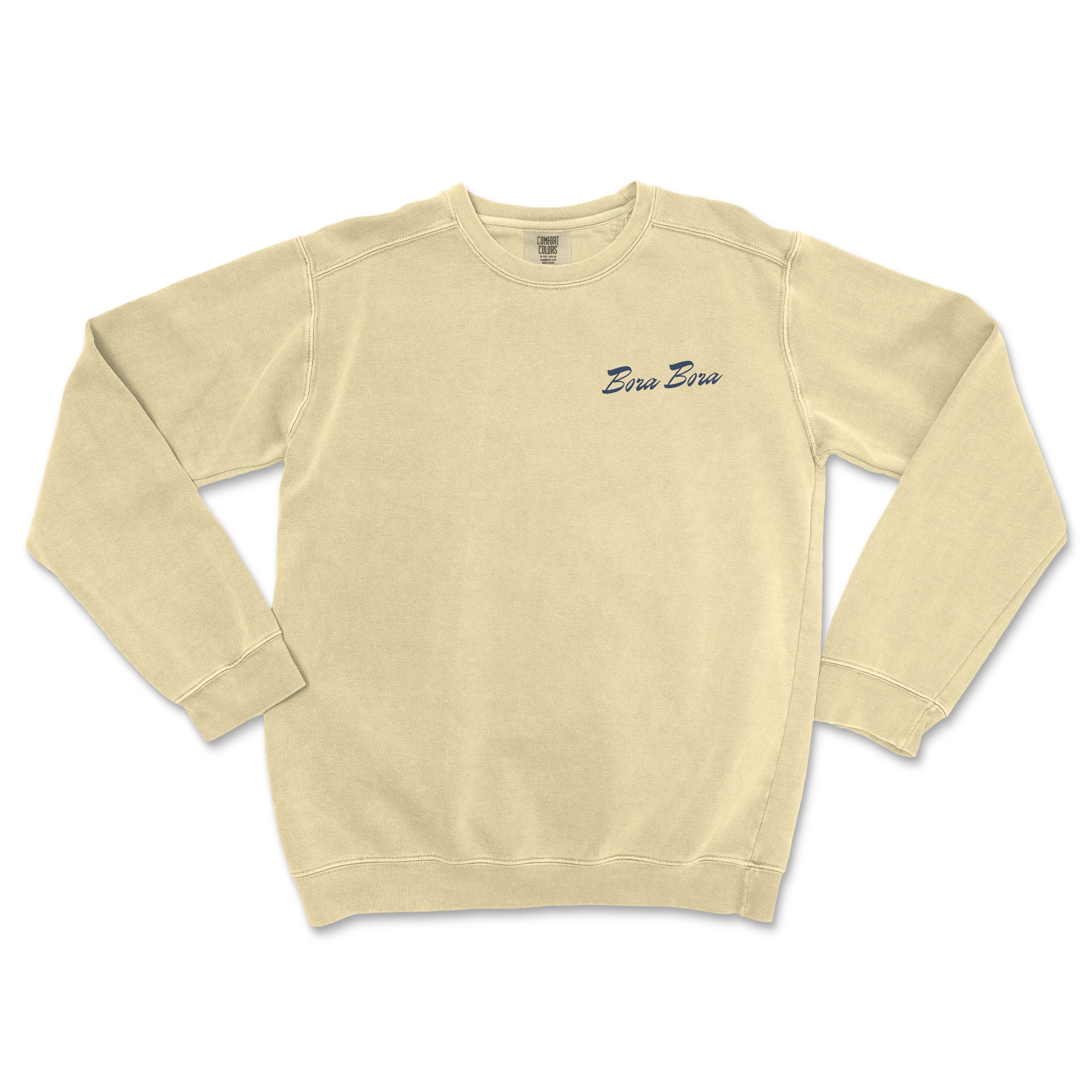 a white sweatshirt with a blue embroidered logo