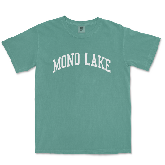 a mint green shirt with the word mono lake printed on it