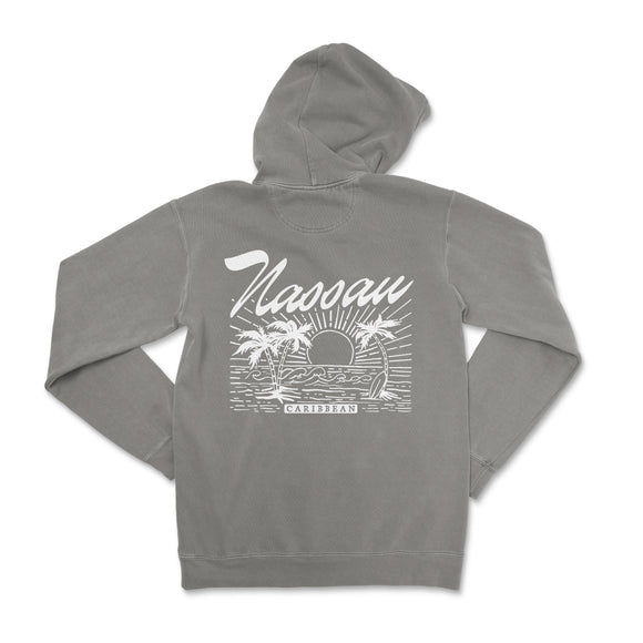 a gray hoodie with a white logo on it