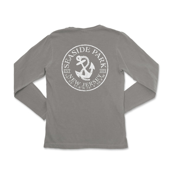 a gray long sleeve shirt with an anchor and the words seaside park on it