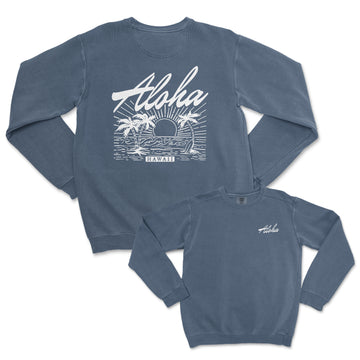 a blue sweatshirt with the words aloh on it