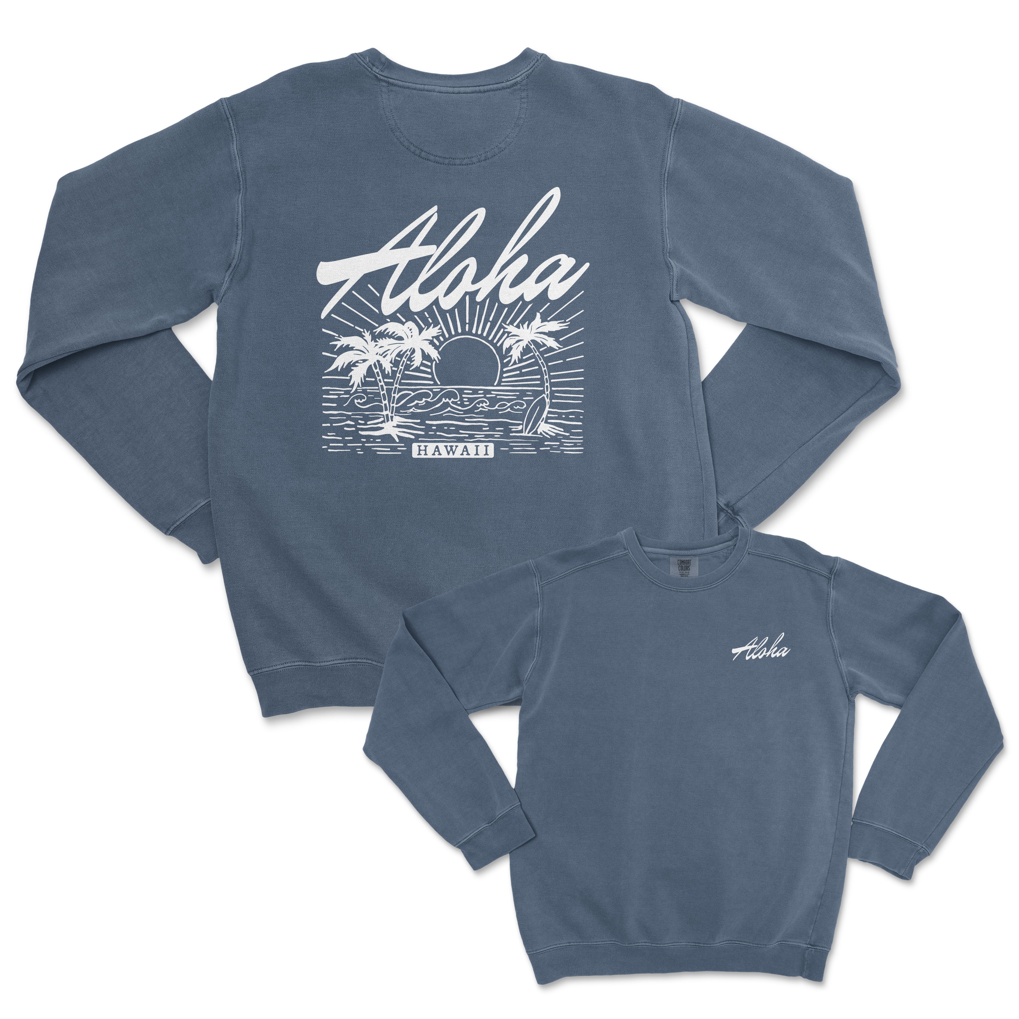 a blue sweatshirt with the words aloh on it
