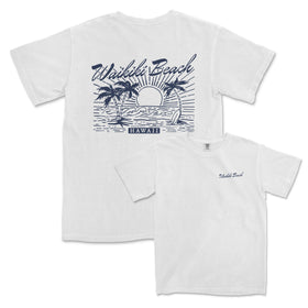 a white t - shirt with a sunset and palm trees on it