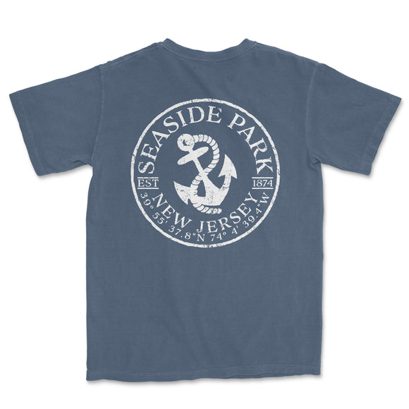 a blue t - shirt with an anchor and the words seaside park on it