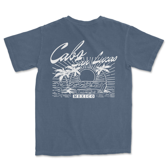 a blue t - shirt with a picture of a car and palm trees