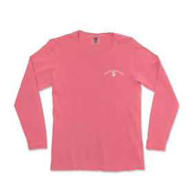 a pink long sleeve shirt with a white logo on the chest