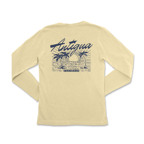 a women's long sleeve shirt with a picture of a beach and palm trees